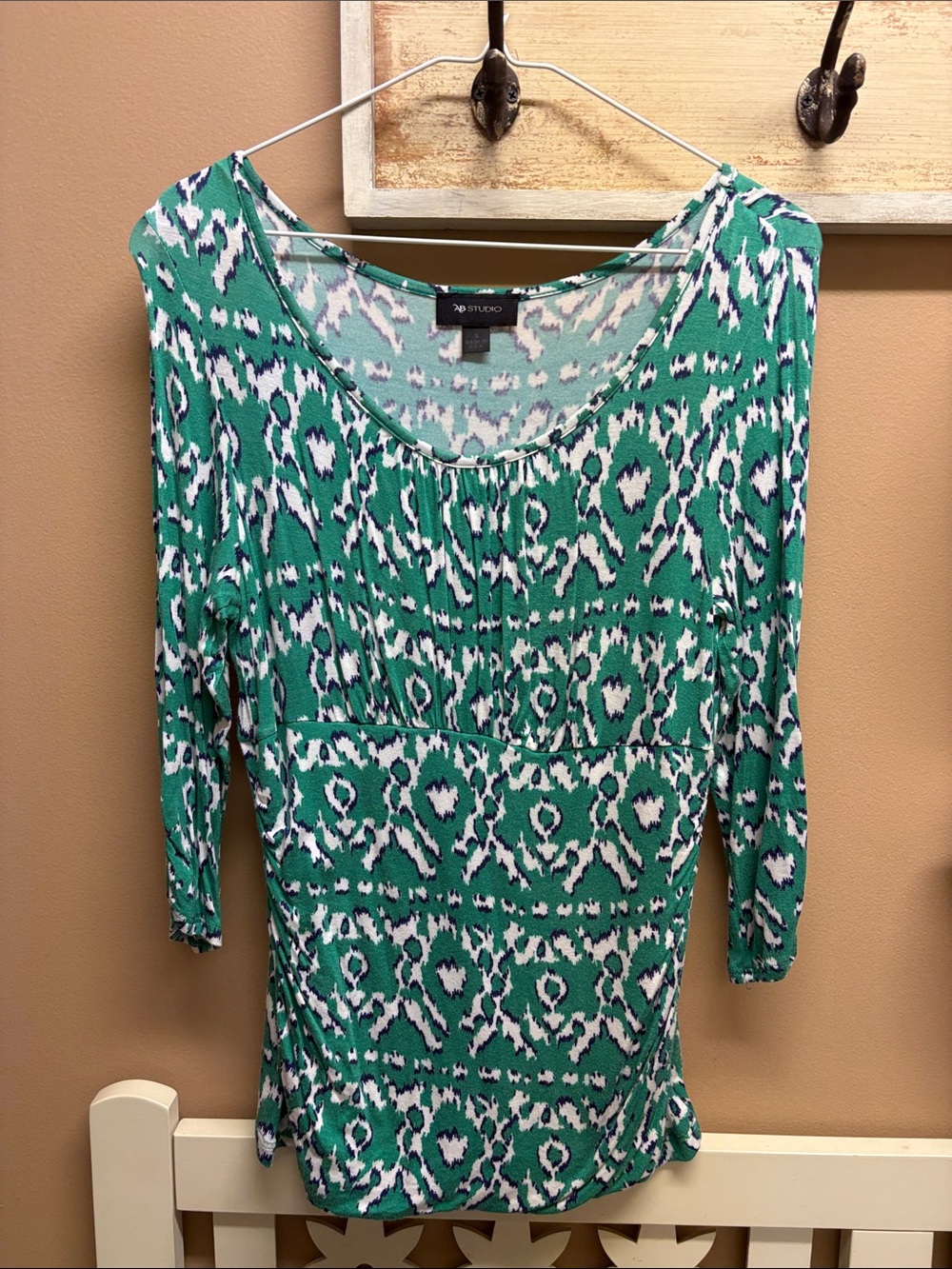 AB Studio Teal and White Scoop Neck Patterned Top